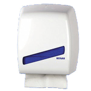 Simplistischer eleganter Handpapiertuchspender mit blauen Tüchern von Ecolab vor weißem Hintergrund