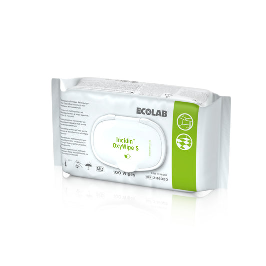 Eine weiße Packung Incidin Oxywipes von Ecolab mit hellgrünem Strich 