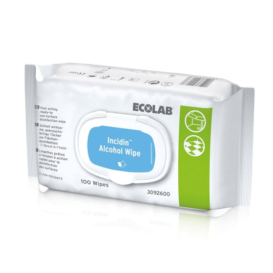 Eine weiße Packung Incidin Alcohol Wipes mit hellgrünem Strich; Ecolab