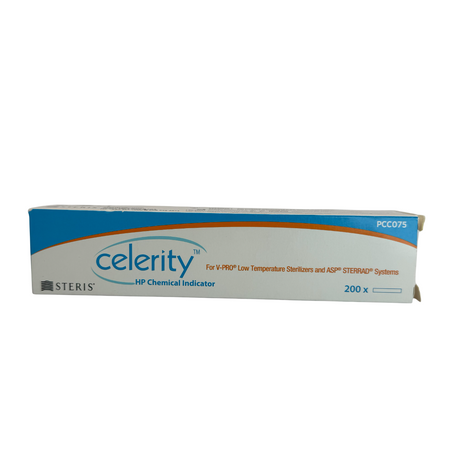 Verpackung von chemischen Indikatoren mit hellblauen Merkmalen und orangener Schrift; Celerity 