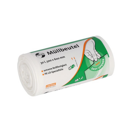 Eine Rolle Müllbeutel mit Aufschrift 30 l, 500 x 600 mm und extremer Reißfestigkeit 