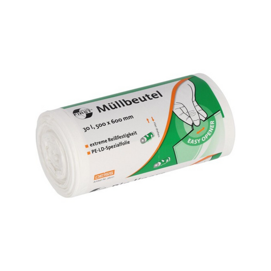 Eine Rolle Müllbeutel mit Aufschrift 30 l, 500 x 600 mm und extremer Reißfestigkeit 