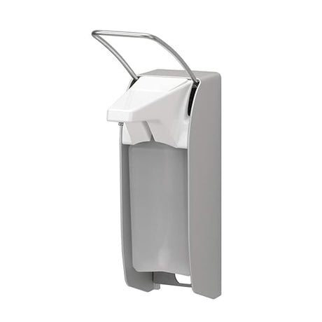 Moderner eleganter Desinfektionsspender aus hochwertigem Aluminium mit mittellangem Edelstahl Hebel der leicht nach oben neigt; platzsparendes Design 