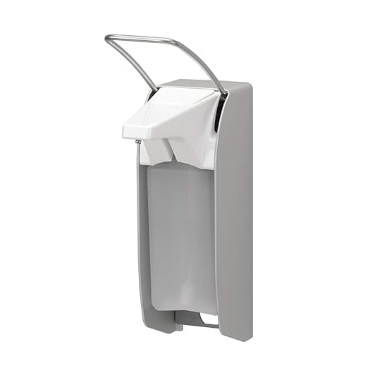 Moderner eleganter Desinfektionsspender aus hochwertigem Aluminium mit mittellangem Edelstahl Hebel der leicht nach oben neigt; platzsparendes Design 
