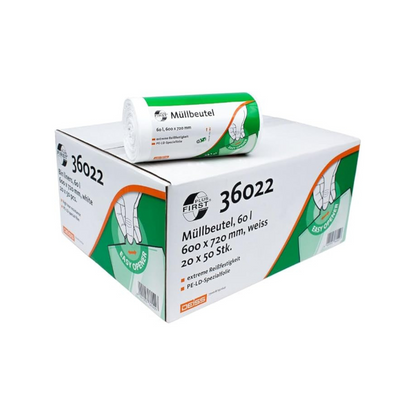 Box Verpackung mit 20 Rollen; darauf liegend eine Rolle Müllbeutel