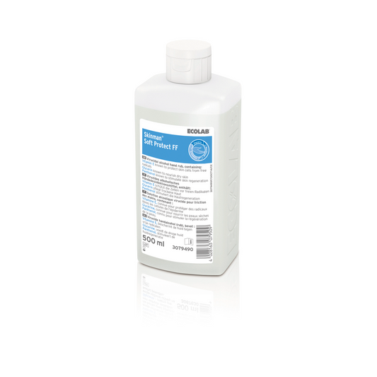 Eine weiße Flasche Skinman Soft Protect FF Händesinfektionsmittel mit 500 ml Fassvermögen vor weißem Hintergrund